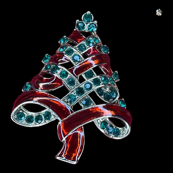 Vintage Christmas Tree Brooch & Holiday Pins Lot Red Green Rhinestone Gold Tone - Picture 2 of 13